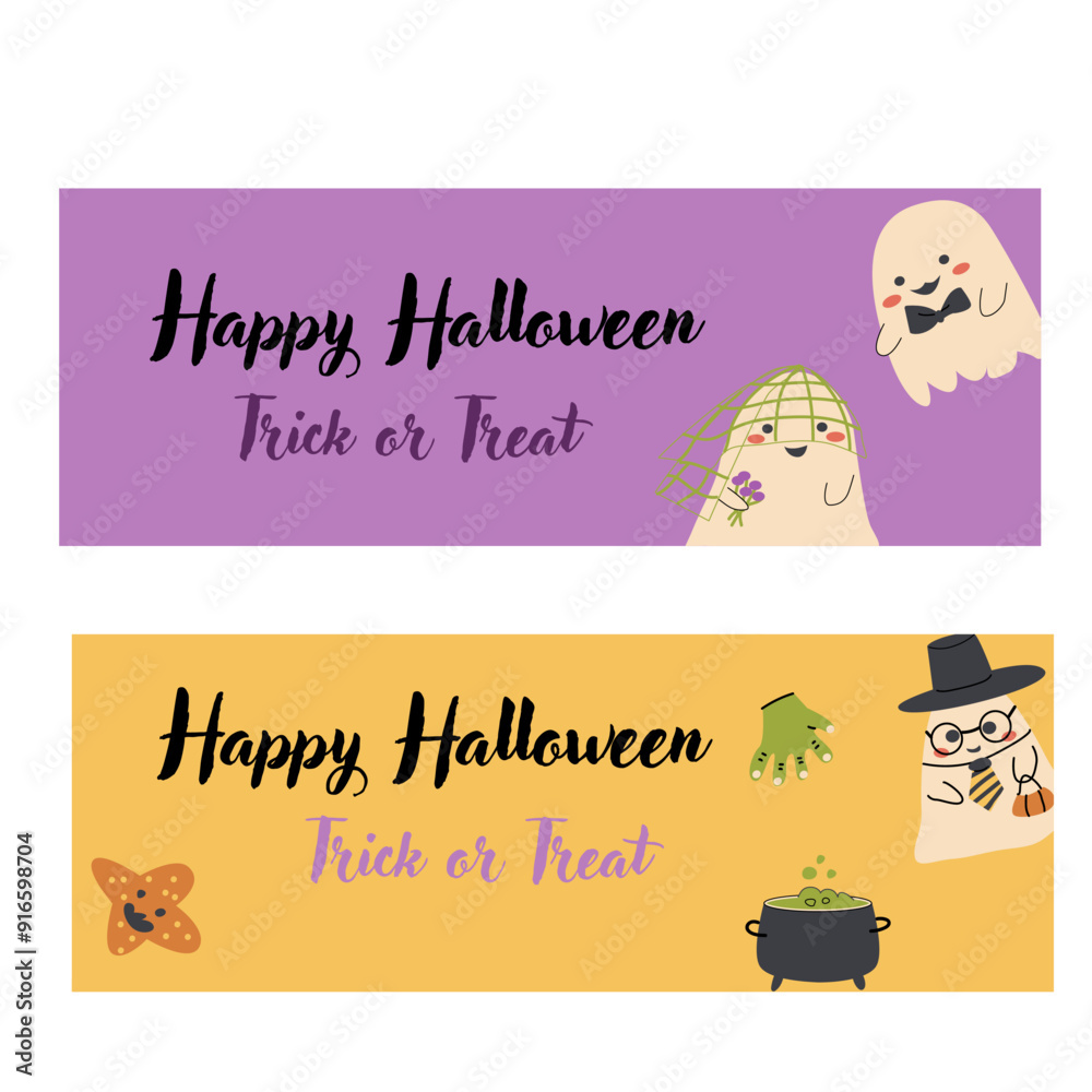 Halloween horizontal banners set. Childrens ghost illustrations in flat style. Happy Halloween day vector banners. Cute spooky characters in childish style. Halloween horizontal banners set. Childrens ghost illustrations in flat style. Happy Halloween day vector banners. Cute spooky characters in childish style.