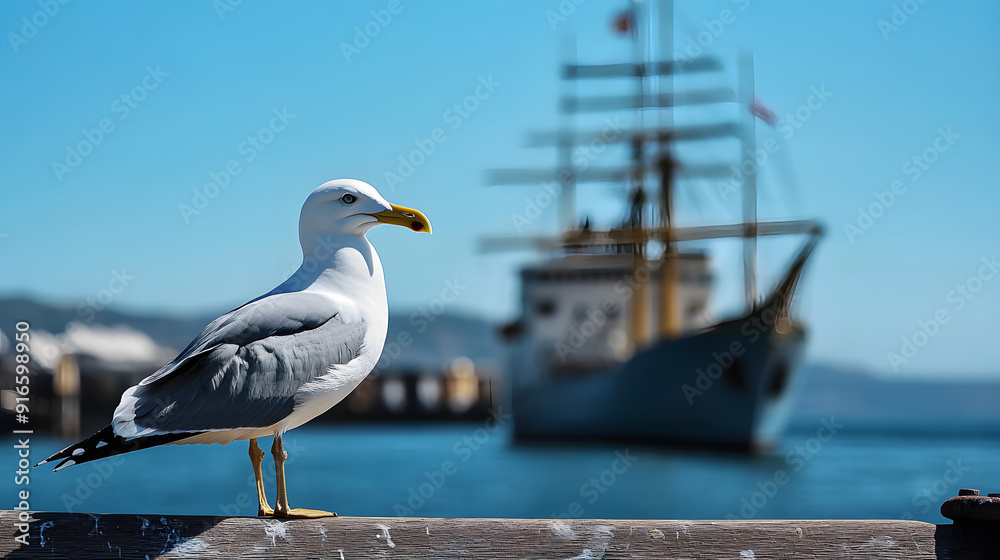 Seagull with ship in background - clear blue sky - copy space Seagull with ship in background - clear blue sky - copy space