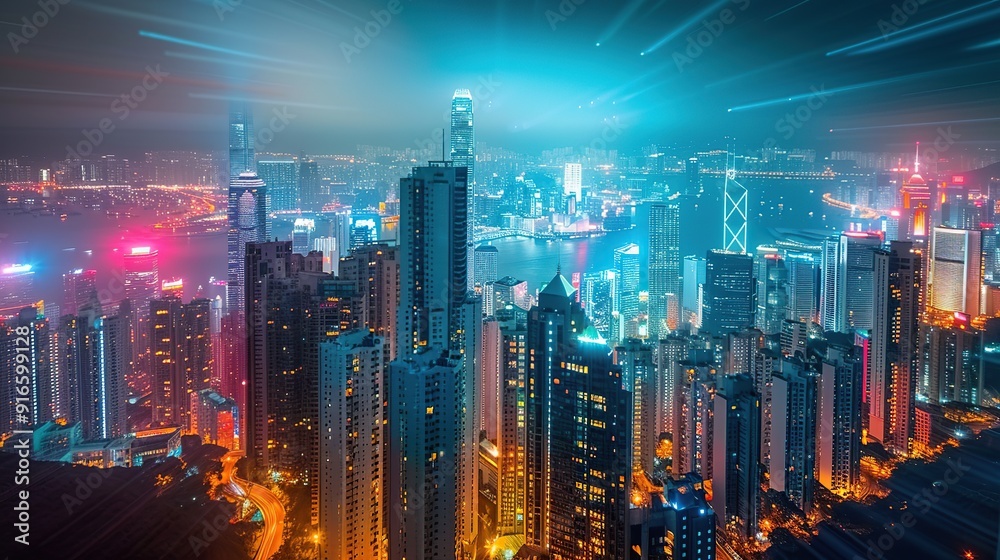 Fototapeta premium Night View of Hong Kong Skyline with Light Trails