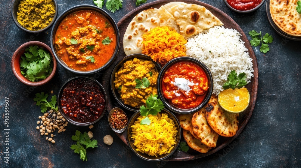 A vibrant image of a traditional Indian thali, with various curries, rice, bread, and condiments, all served on a large plate. A vibrant image of a traditional Indian thali, with various curries, rice, bread, and condiments, all served on a large plate.