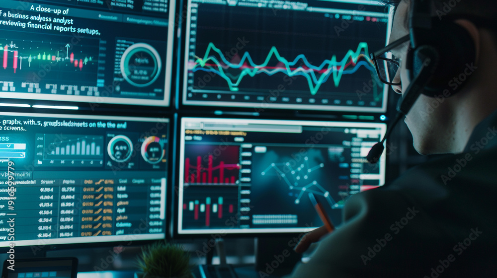 A close-up of a business analyst reviewing financial reports on a dual-monitor setup, with charts, graphs, and spreadsheets on the screens. A close-up of a business analyst reviewing financial reports on a dual-monitor setup, with charts, graphs, and spreadsheets on the screens.