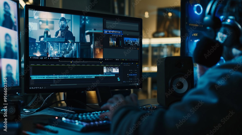 A close-up of a content creator editing a video on a high-performance computer, with editing software open and a creative workspace. A close-up of a content creator editing a video on a high-performance computer, with editing software open and a creative workspace.