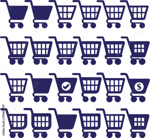 a set of blue shopping cart icons