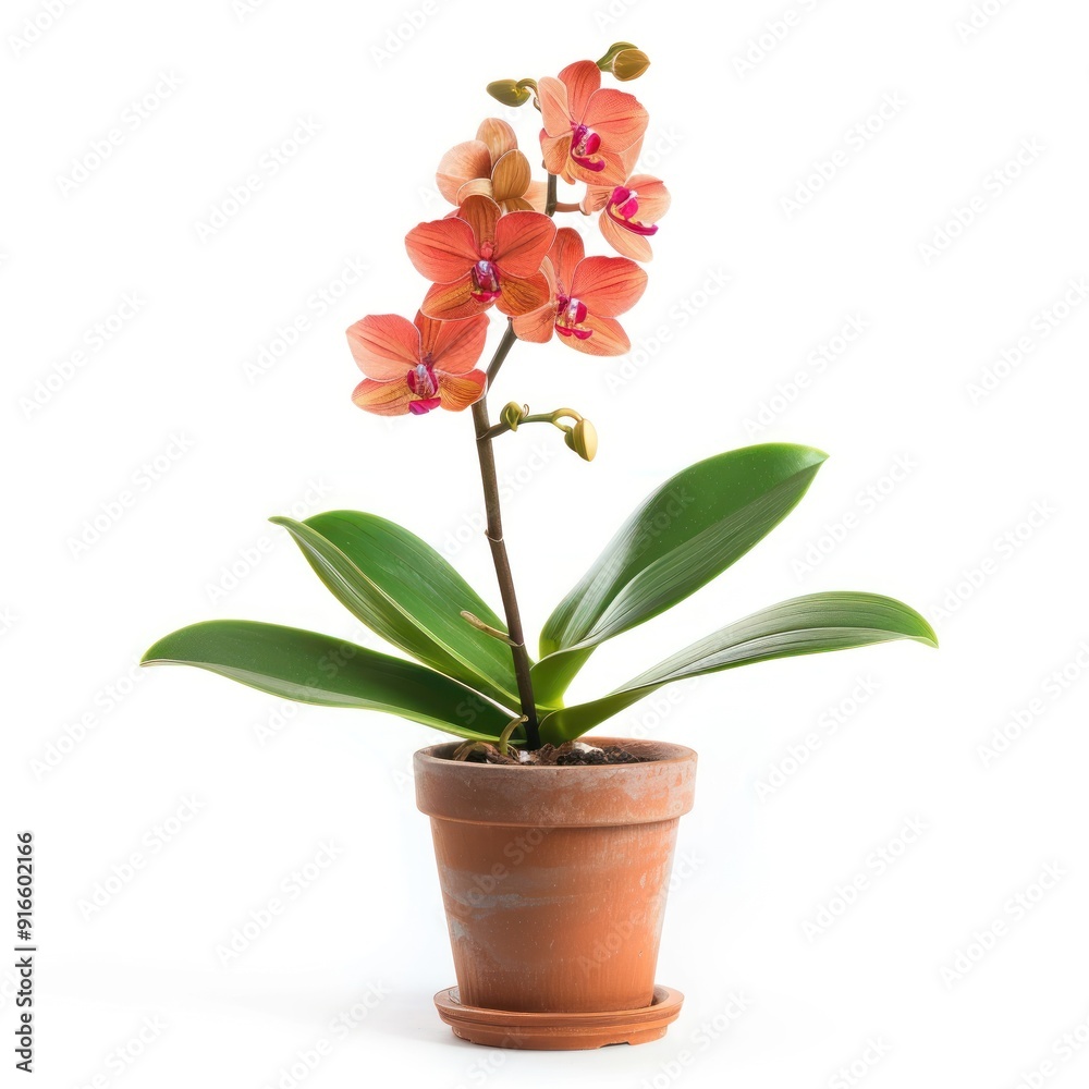 Pink and orange orchid flower in terracotta pot. Pink and orange orchid flower in terracotta pot.
