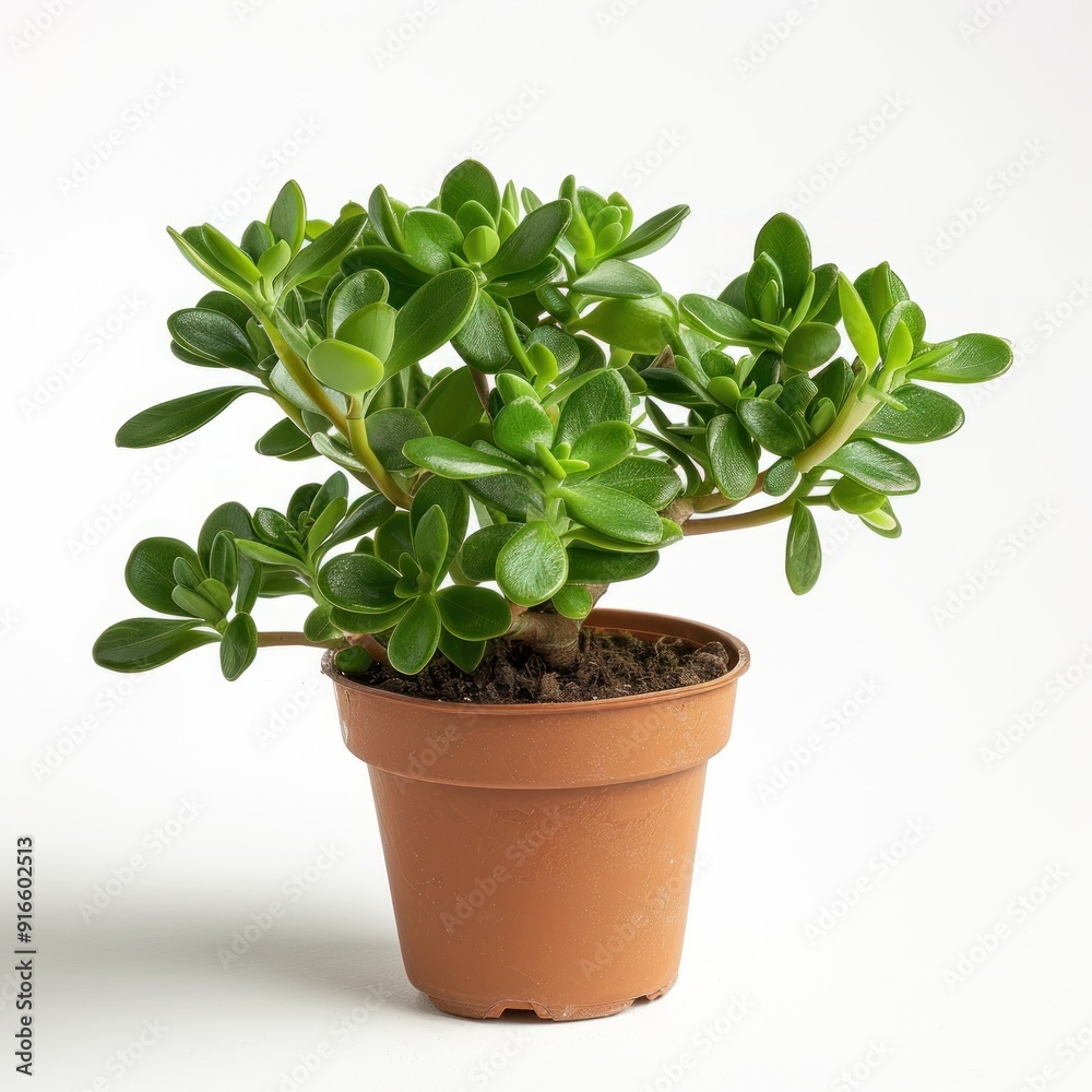 Small potted plant with green leaves against a white background.