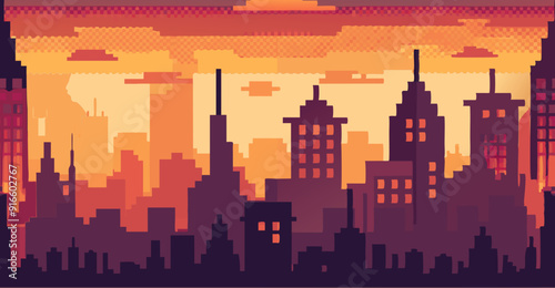 seamless art pixel art cityscape at dusk with towering silhouette skyscrapers in orange, maroon