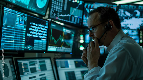 A close-up of a technical support specialist assisting a client over the phone, with multiple monitors displaying diagnostic tools and information."