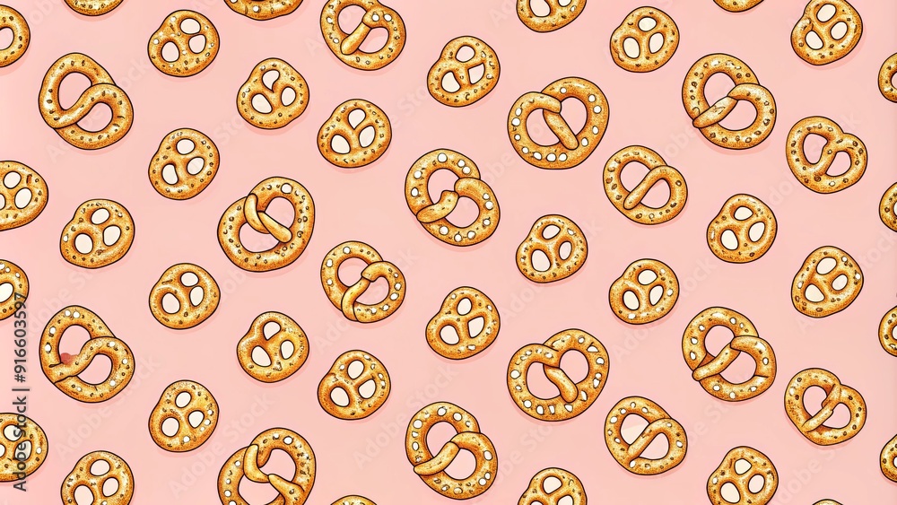 Whimsical hand-drawn pretzel design on soft pink background forms a seamless repeating pattern, perfect for bakery branding, foodie packaging, or playful cooking-themed accessories. Whimsical hand-drawn pretzel design on soft pink background forms a seamless repeating pattern, perfect for bakery branding, foodie packaging, or playful cooking-themed accessories.