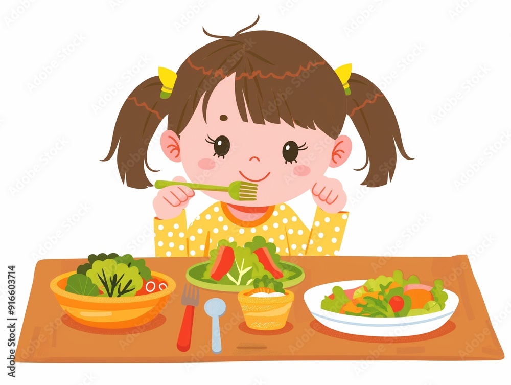 A child eat vegetable's. healthy eating simple illustration. AI generated