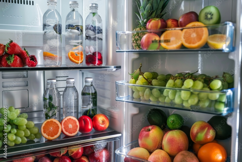 Elegant fridge interior filled with a variety of fruits and infused water, with neatly organized shelves showcasing colorful produce and stylish bottles Elegant fridge interior filled with a variety of fruits and infused water, with neatly organized shelves showcasing colorful produce and stylish bottles