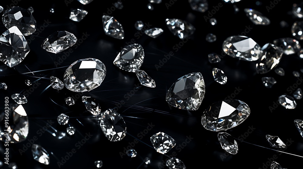 Sparkling diamonds scattered on a glossy black backdrop Sparkling diamonds scattered on a glossy black backdrop