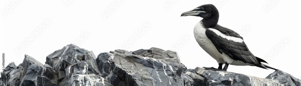 Obraz premium A black and white bird perched on a rocky surface, showcasing its unique features and natural habitat.