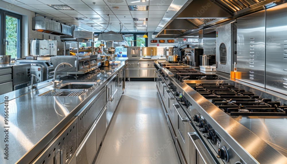 Modern, commercial, empty kitchen space awaiting the cooking staff