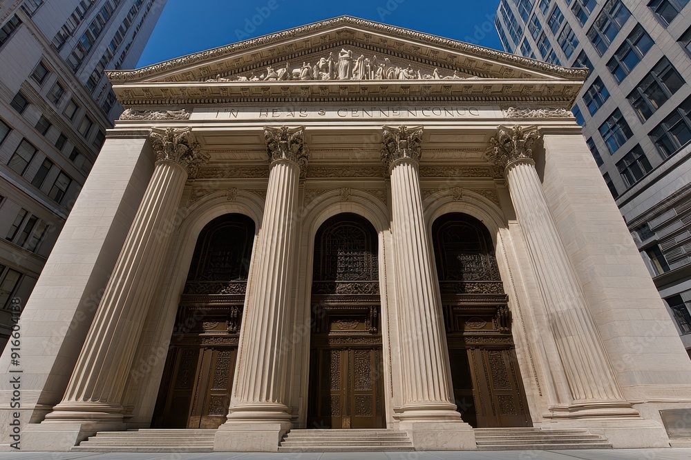 A majestic building with towering columns and intricate architectural details against a clear blue sky. A majestic building with towering columns and intricate architectural details against a clear blue sky.