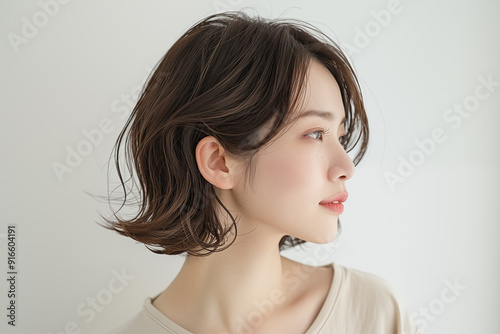 profile of a young woman with soft wavy hair in gentle light