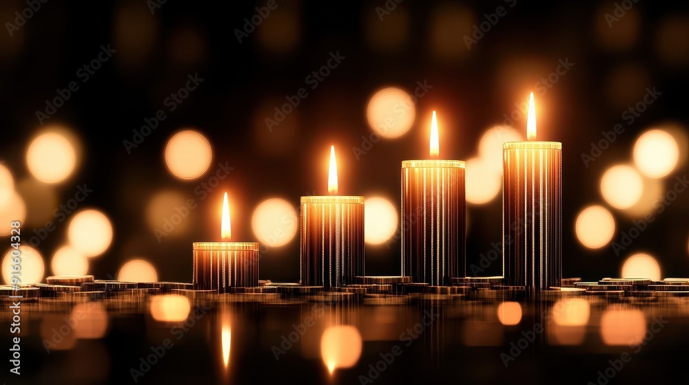 A serene arrangement of lit candles glowing softly against a dark background, creating a warm and inviting atmosphere. A serene arrangement of lit candles glowing softly against a dark background, creating a warm and inviting atmosphere.