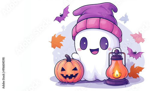 Illustration of a Cute Halloween Ghost with a Lantern and Pumpkin photo