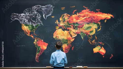 large map of the world  school consep white chalk drawing on a dark chalkboard Classroom wall photo