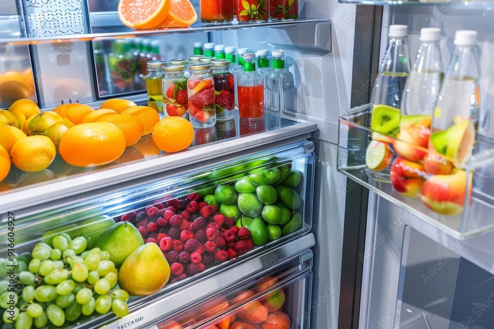 Elegant fridge interior filled with a variety of fruits and infused water, with neatly organized shelves showcasing colorful produce and stylish bottles Elegant fridge interior filled with a variety of fruits and infused water, with neatly organized shelves showcasing colorful produce and stylish bottles
