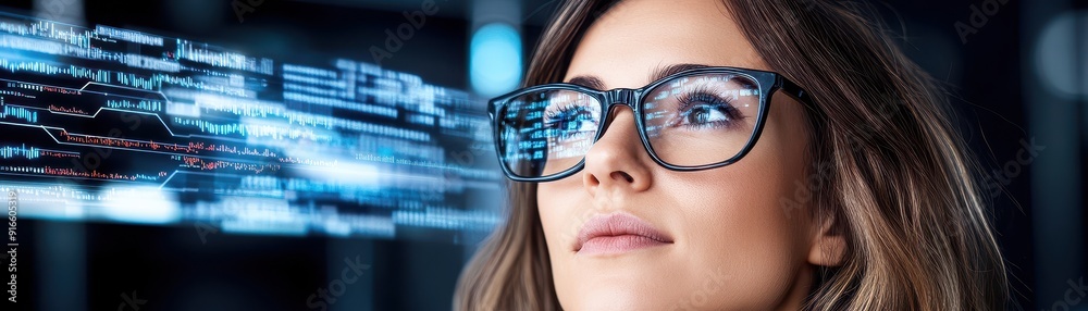 A woman with glasses gazes thoughtfully, immersed in technology, symbolizing innovation and creativity in a digital world. A woman with glasses gazes thoughtfully, immersed in technology, symbolizing innovation and creativity in a digital world.