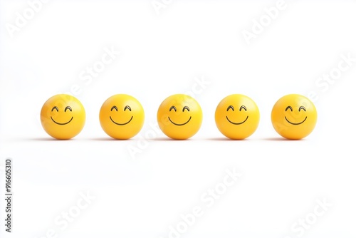 Row of Happy Smiling Smiley Face Orange Yellow on Blank White Generative Illustration