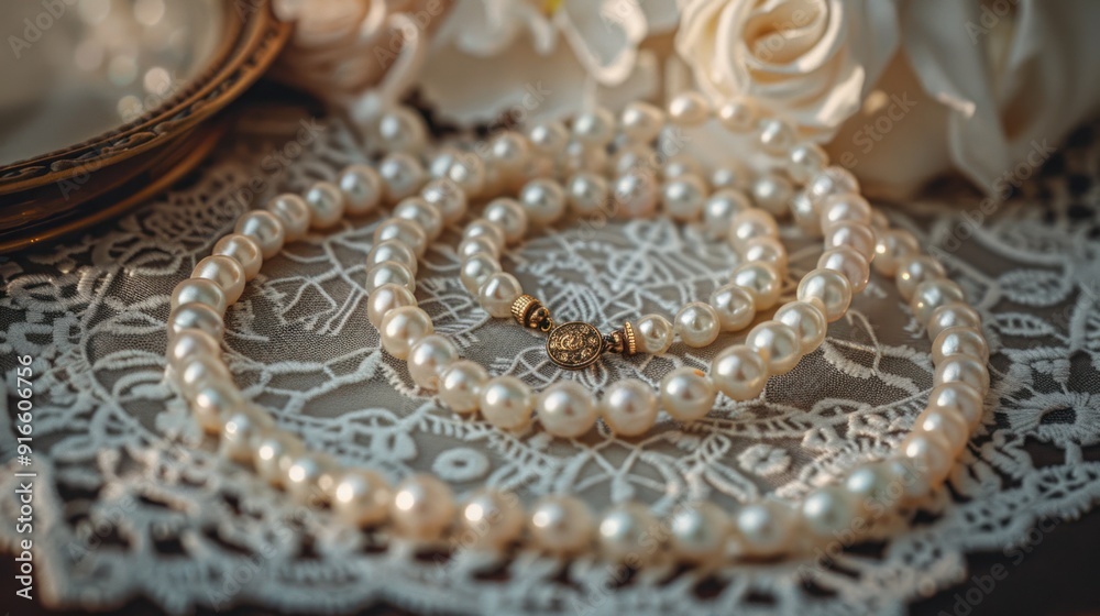 Fototapeta premium A vintage pearl necklace with a golden clasp, laid out on an antique lace doily for a nostalgic look.