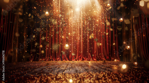 Red stage and curtain in theater background with bright lights and falling gold confetti