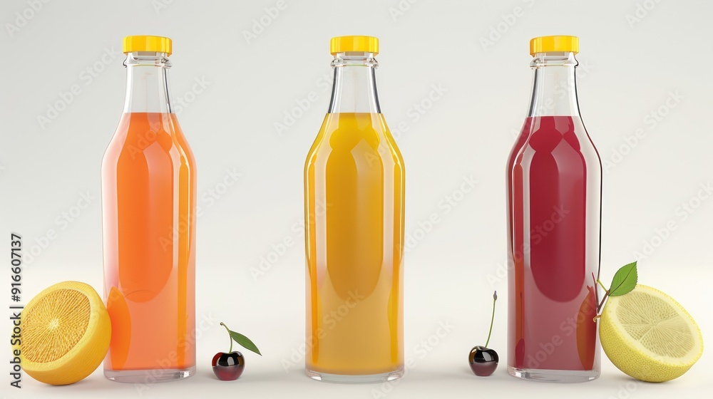 Three bottles of orange juice, lemon juice and cherry juice on a white background. Three bottles of orange juice, lemon juice and cherry juice on a white background.