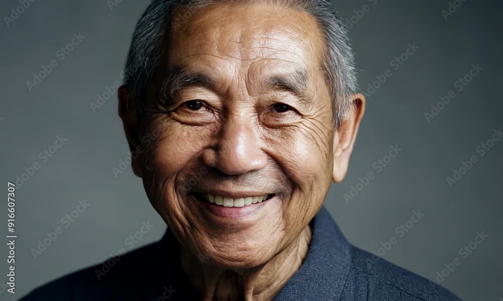 Portrait of a smiling senior asian man looking at camera on grey background Portrait of a smiling senior asian man looking at camera on grey background