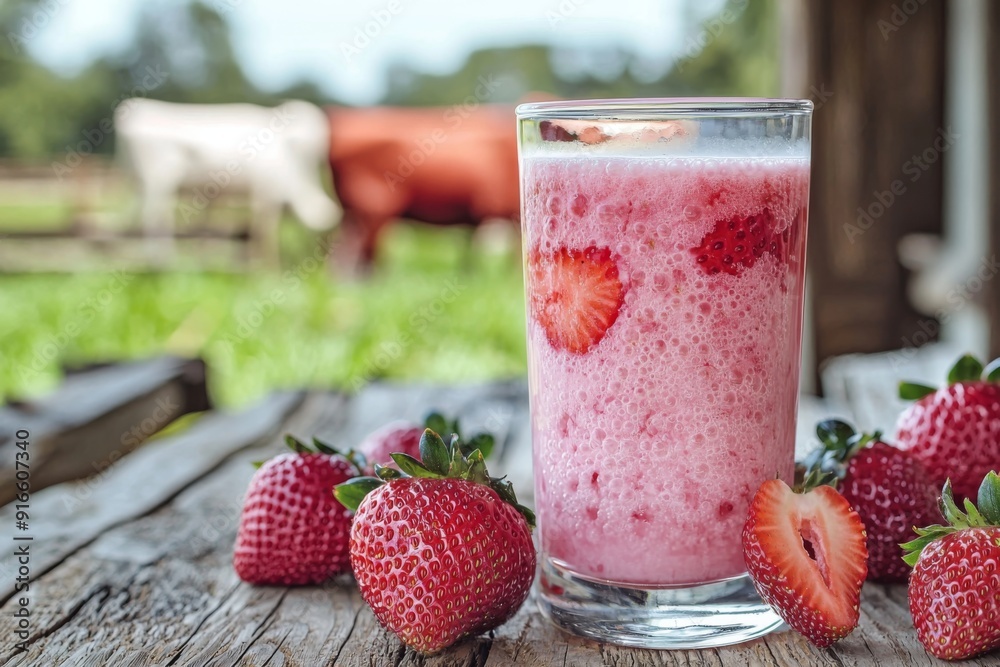 fresh strawberry milk in a glass on a wooden table, with a cow farm in the background highlighting the milk's purity. Vibrant pink hue, rustic table, pastoral farm scene. fresh strawberry milk in a glass on a wooden table, with a cow farm in the background highlighting the milk's purity. Vibrant pink hue, rustic table, pastoral farm scene.