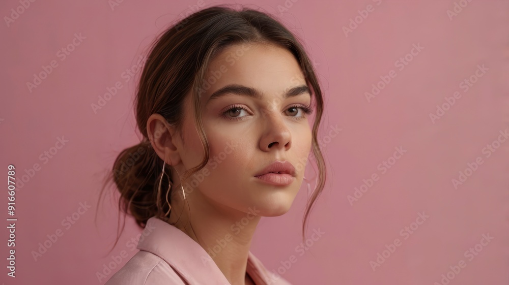 Pink background close-up, young woman in thought, 4k Pink background close-up, young woman in thought, 4k