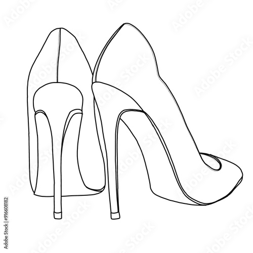 A simple line art drawing of two high-heeled women's shoes with pointed toes, Technical sketch hand drawing outline vector doodle illustration, rear view isolated on white background