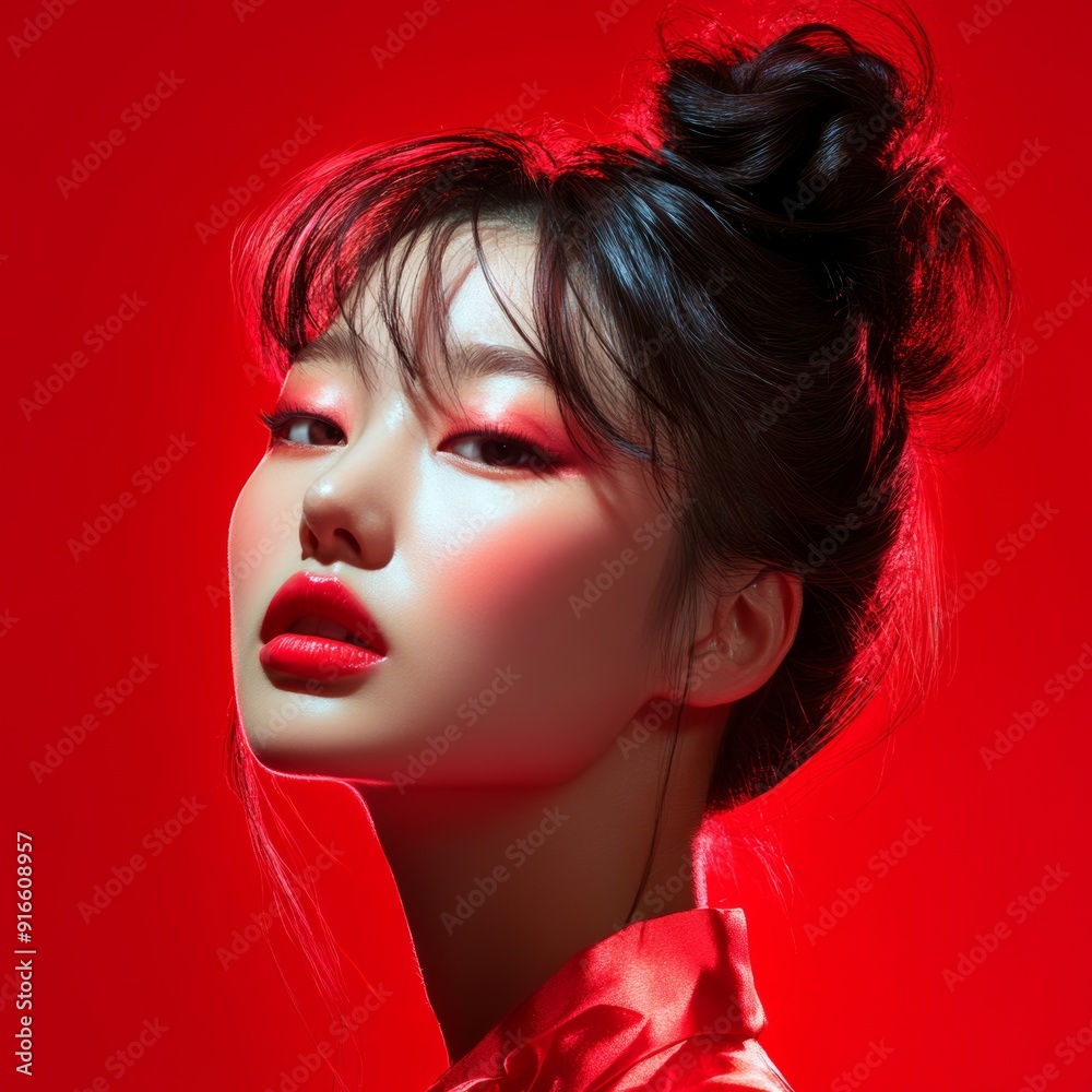 Fototapeta premium Beautiful Korean girl, professional portrait in the studio. Clear skin, makeup, well-groomed face. Korean cosmetics. Expressive look of a sweet woman.