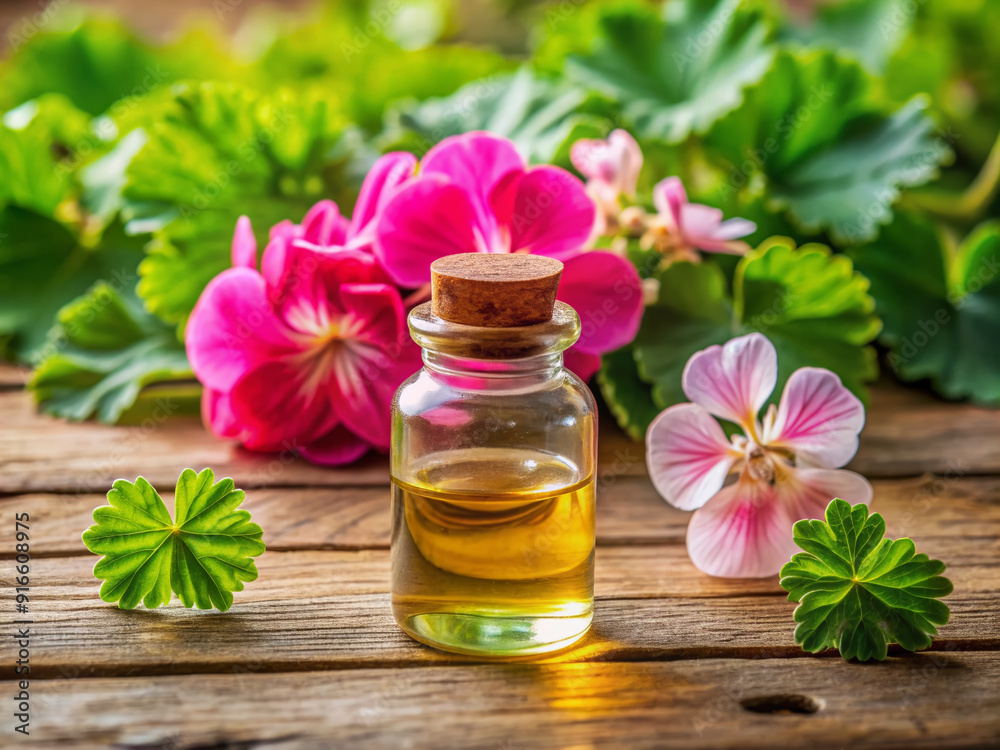 A delicate, hand-painted glass vial filled with geranium essential oil rests on a wooden table, surrounded by fresh geranium flowers and greenery. A delicate, hand-painted glass vial filled with geranium essential oil rests on a wooden table, surrounded by fresh geranium flowers and greenery.