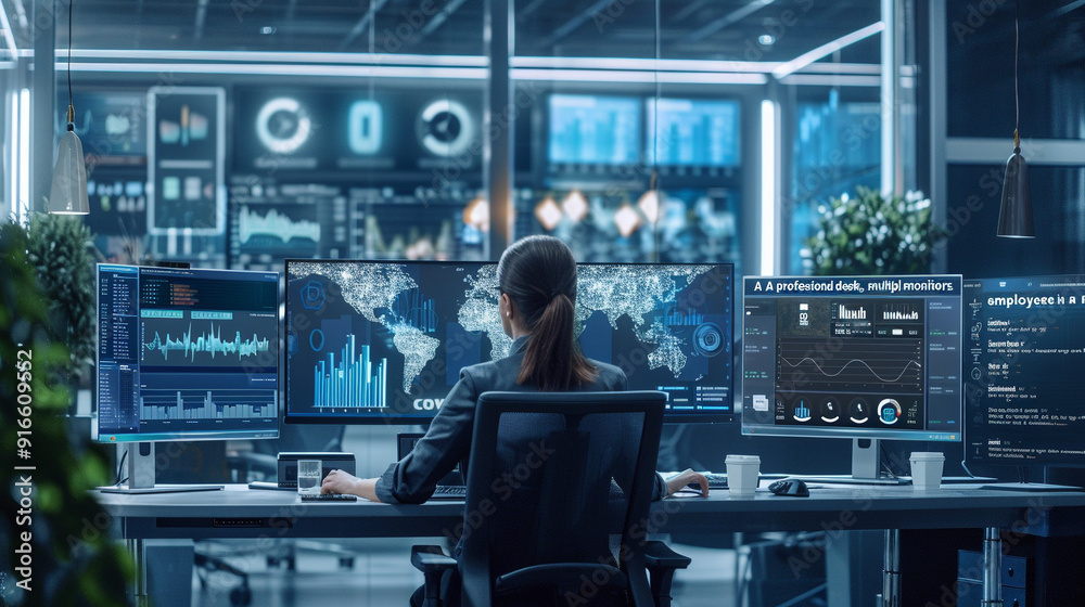 professional workspace with a sleek desk, multiple monitors, and an employee working on complex tasks in a focused environment. professional workspace with a sleek desk, multiple monitors, and an employee working on complex tasks in a focused environment.