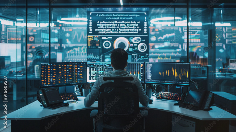 professional workspace with a sleek desk, multiple monitors, and an employee working on complex tasks in a focused environment. professional workspace with a sleek desk, multiple monitors, and an employee working on complex tasks in a focused environment.