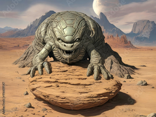 Fantasy sci-fi illustration of a monster emerging from sand and rock in a desert with a background of a distant planet in the sky on the horizon behind mountains