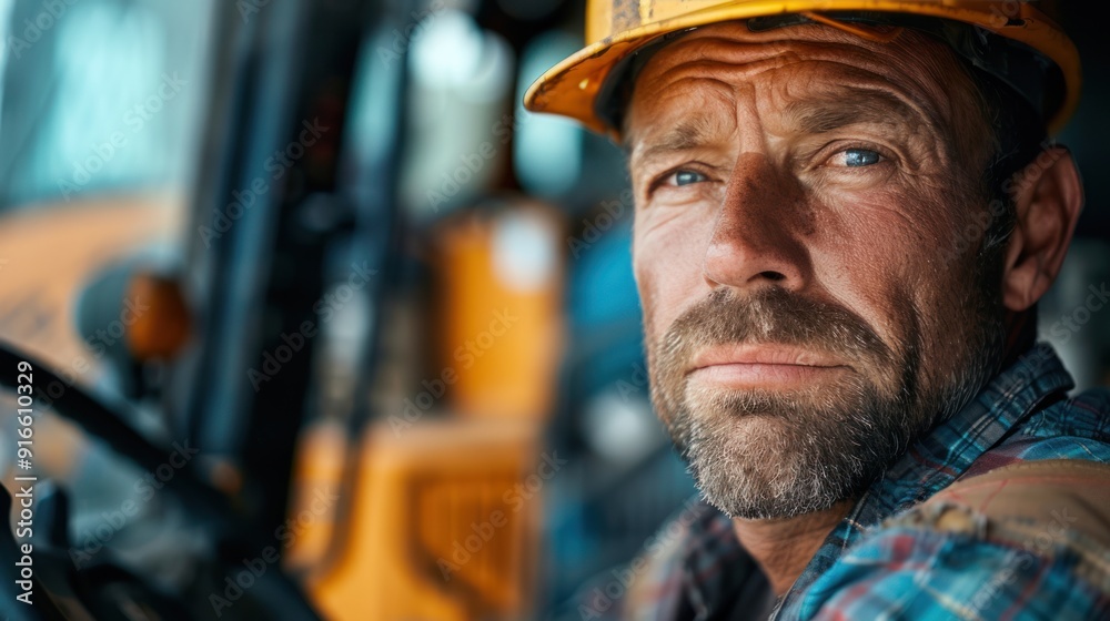 A close-up of a backhoe driver's face, focused and determined, with construction equipment in the background A close-up of a backhoe driver's face, focused and determined, with construction equipment in the background