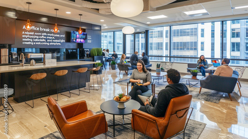 A relaxed office break room with employees enjoying coffee and snacks, comfortable seating, and natural light creating a welcoming atmosphere.