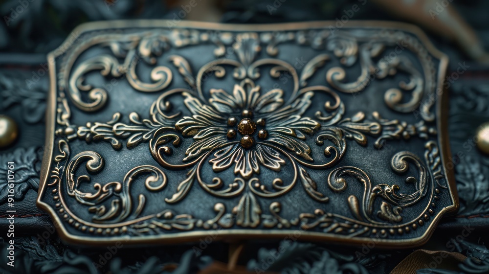 A belt buckle with a detailed design, set against a dark background