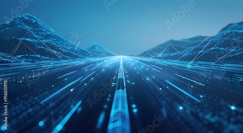 Blue technological lines form mountains and roads