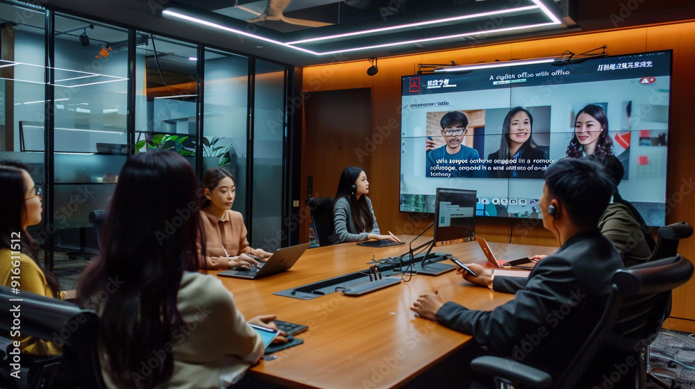 A stylish office with a large conference table, team members engaged in a video call with remote colleagues, and state-of-the-art technology. A stylish office with a large conference table, team members engaged in a video call with remote colleagues, and state-of-the-art technology.