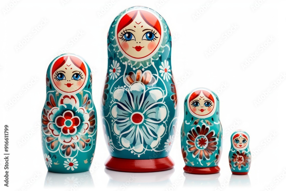 Russian Dolls. Matryoshka set on white background. Bright blue green and red colors. 