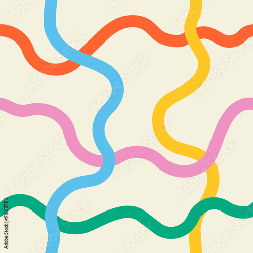 Abstract cute seamless colorful pattern of wavy multicolored lines on a light background, hand drawn illustration