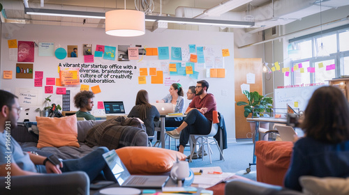 A vibrant startup office with a diverse team brainstorming, innovative decor, and a culture of creativity and collaboration.