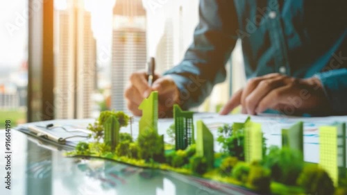 A man is writing on a piece of paper with a pen. The paper has a drawing of a city with green buildings and trees. The man is focused on his writing