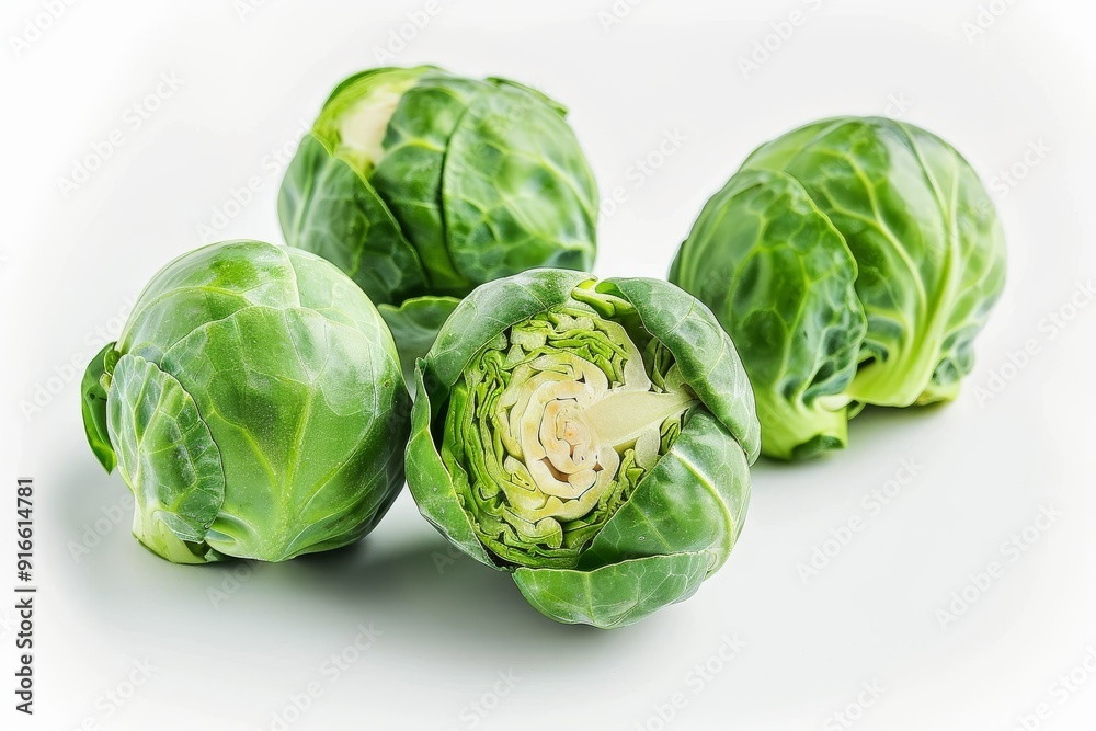 Fototapeta premium Brussels sprouts isolated on a white background. Green Brussels Sprouts Close-Up