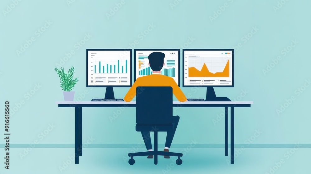 Fototapeta premium A professional analyzing data with multiple monitors in a modern workspace. Focus on productivity and technology in business.