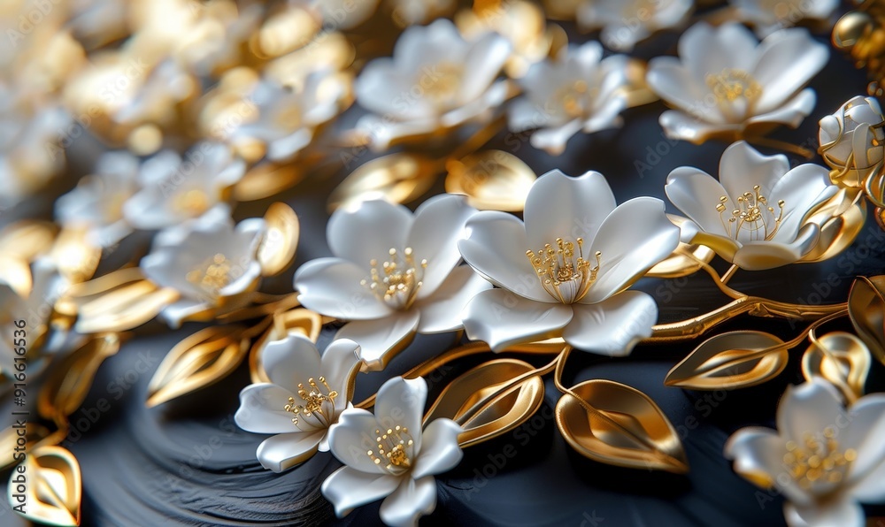 An elegant floral wallpaper featuring a bunch of leaves and flowers in 3D on a black background, designed with plenty of copy space An elegant floral wallpaper featuring a bunch of leaves and flowers in 3D on a black background, designed with plenty of copy space