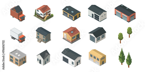 A collection set of 3D isometric illustrations of various houses, garages, trees, and trucks.